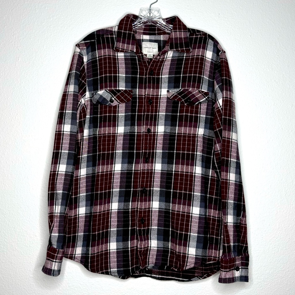 American Eagle Burgundy Plaid‎ Thick Flannel Long Sleeve Button Up Shirt Size M